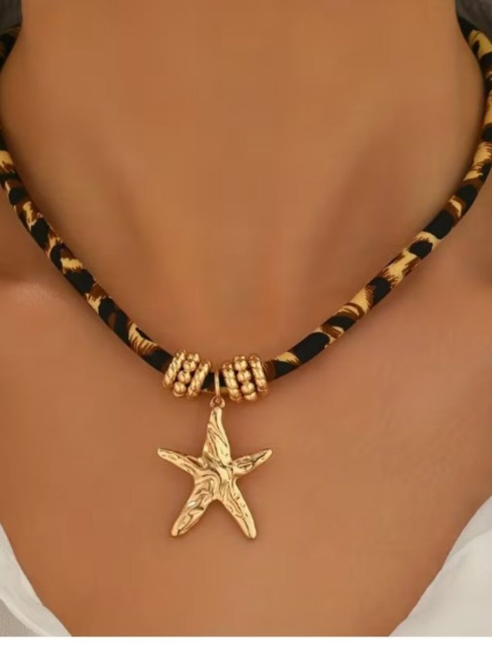 Bohemian Style Starfish Pendant On a Leopard Print Design Rope Chain Beach Chic